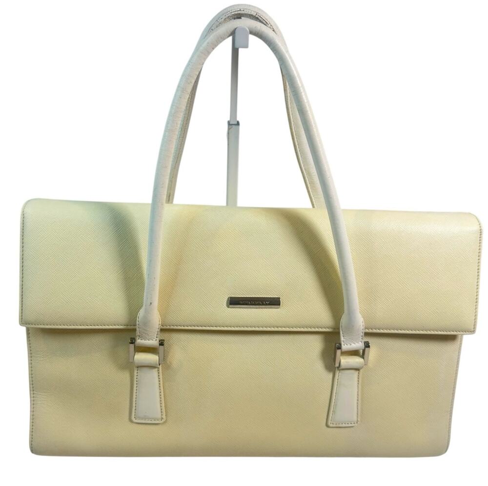 Burberry White Saffiano Leather Structured Tote Bag Nova Check Lining Authentic